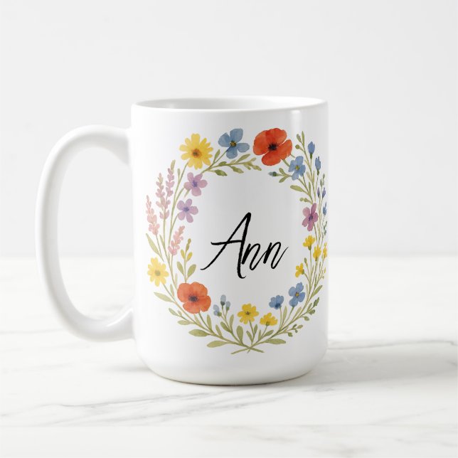 Unik akvarell vild blomsterkrans Anpassningsbar  Kaffemugg (Vänster)
