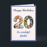 Unik Anpassningsbar för foto Collage Brother 20:e  Kort<br><div class="desc">Fira din brors 20-årsdag, med ett stort kort som är ett speciellt och unikt fotokollage. Det här underbara födelsedagskortet för den speciella brodern har 20 gjort av ditt eget urval av familjefotografier. Mallen är designad för dig att redigera "Till en underbar bror" till bästa vän eller någon annan du vill...</div>