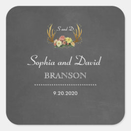 Unik Antlers Blommigt Chalkboard Bröllop Monogram Fyrkantigt Klistermärke