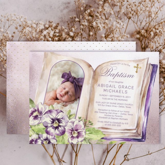 Unik aptism i lila Violets Arched Photo Inbjudningar (Purple Violets Arched Photo Unique Baptism Invitation)