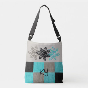Unik Aqua Black Tan Tote Bag med blommor Axelväska