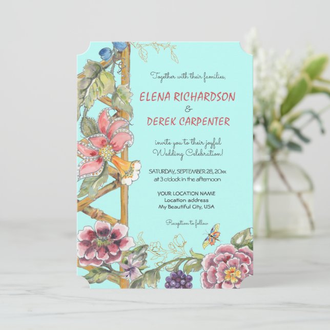 Unik Aqua Blommigt Chinoiserie Garden Wedding Inbjudningar (Stående Fram)