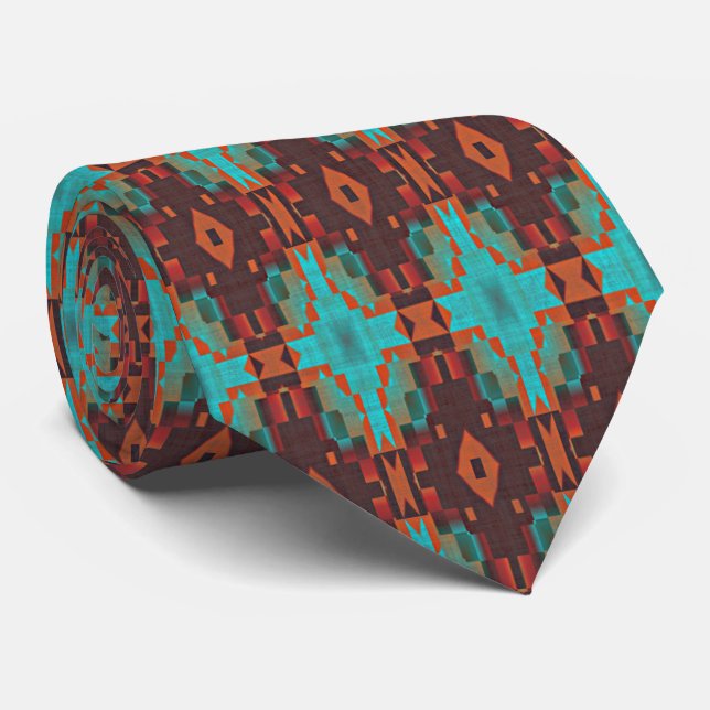 Unik Aqua Turkos Blå Grön Orange Brun Tribal Slips (Rullad)