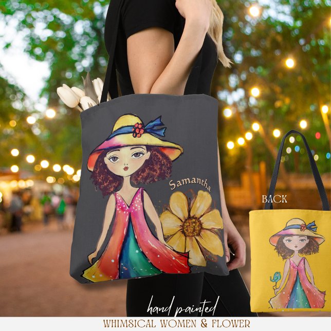 Unik axelväska - fantasifull kvinna och blommig de tygkasse (Unique Tote Bag - Whimsical Female & Floral Design)