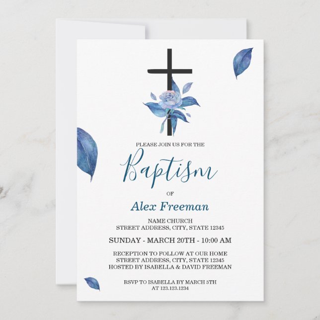 Unik Baptism i Blommigten Ro med blå  Inbjudningar (Framsida)