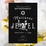 Unik Bat mitzvah Blommigt, svart Inbjudningar<br><div class="desc">Unik bat mitzvah inbjudan med vacker vit typografi har blommor av vild som du kan flytta och ändra storlek på med din text. Botaniska teckningar kan bytas ut mot färg tillsammans med dina bokstäver. Byt lätt bakgrunden till färg på denna enkla och unika bat mitzvah inbjudan. Den här mallen är...</div>