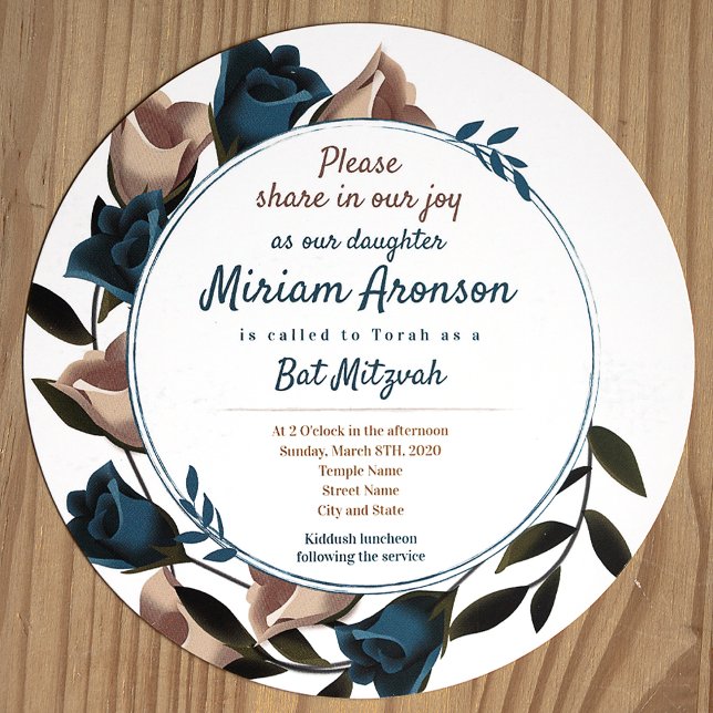 Unik Bat mitzvah inbjudan till Teal Beige Ro (Unique round bat mitzvah invitation with teal and beige roses around border)