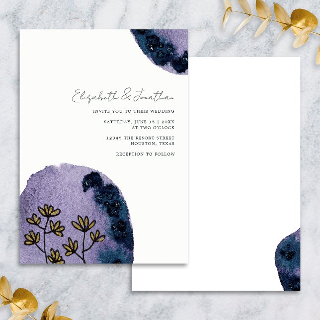 Unik Blommig Akvarell Marinblå Lila Bröllop Inbjudningar (Front/Back)
