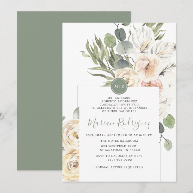 Unik Blommigt Eucalyptus Monogram Quinceañera Inbjudningar (Fram/baksida)
