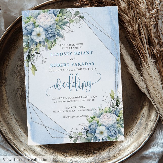 Unik Blommigt för vattenfärg, Dusty Blue White Sil Inbjudningar (Unique Watercolor Dusty Blue White Silver Floral Invitation )