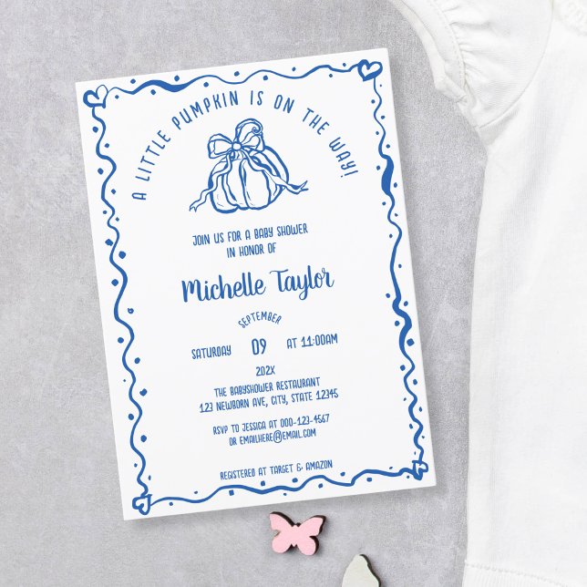 Unik Blue Baby Shower för Fransk för liten pumpa Inbjudningar (quirky hand drawn french blue pumpkin with a bow)