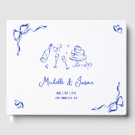 Unik Blue Hand plockade Fransk Bow and Champagne Gästböcker