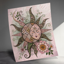 Unik bohemisk Sol Måne Poster, Blommigt Sol