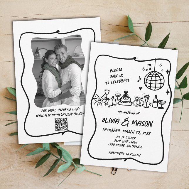 Unik Bröllop med Funky  som har ritats i hand Inbjudningar (hand drawn wedding invitation doodle illustration squiggle wavy frame black white modern)
