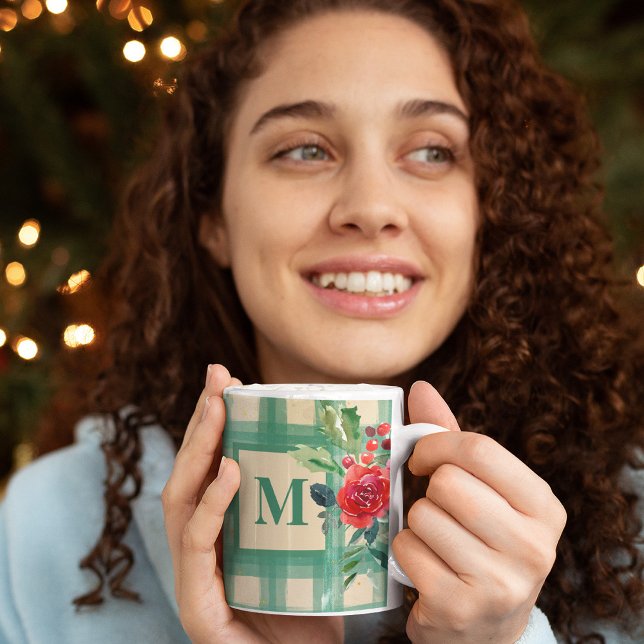 Unik buffelplatta mönster julafton grönt monogram kaffemugg (Skapare uppladdad)