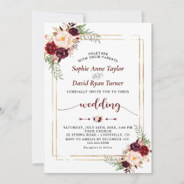 Unik Burgundy Marsala Blommigt Handskriftlig Bröll Inbjudningar