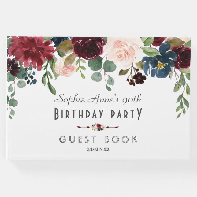 Unik Burgundy Navy Blue Blommigt Bröllop Gästböcker (Framsida)
