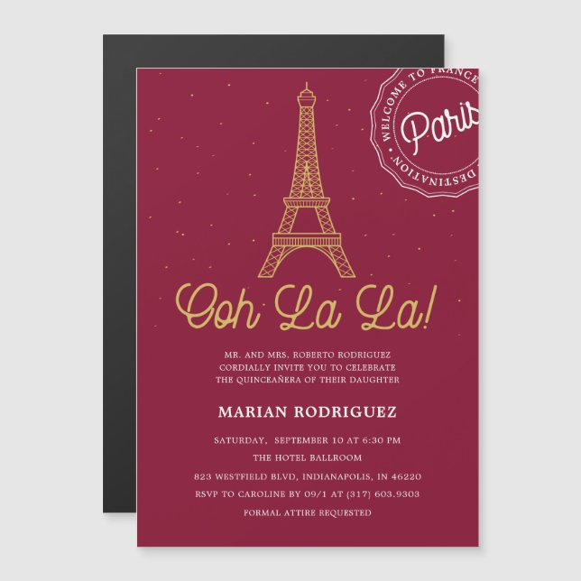 Unik Burgundy och Guld Eiffel Torn Quinceañera Magnetisk Inbjudningskort (Fram/baksida)