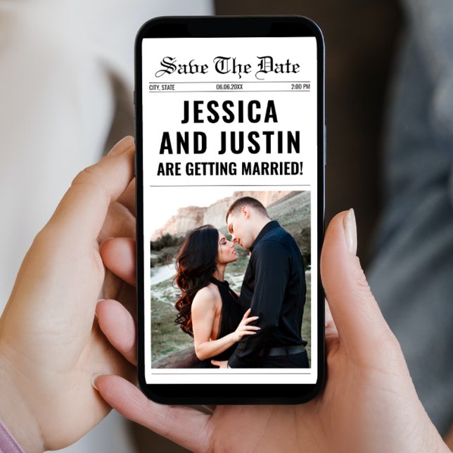 Unik Chic-foto-Bröllop i dagstidning Spara Datumet (Newspaper Unique Simple Chic Photo Wedding Save The Date digital save the date card template)