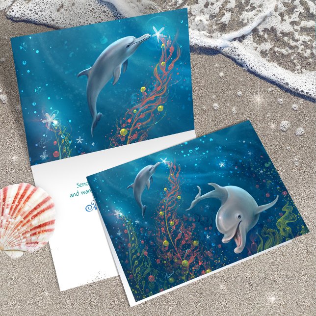 Unik delfinteckning av God jul Magic Helgkort (Add your own custom holiday greeting to these unique,  painted dolphin Christmas cards.)