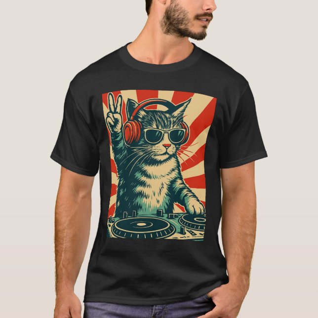 Unik DJ Cat Kattunge T-shirt, Trendig Graphic T-sh T Shirt (Framsida)