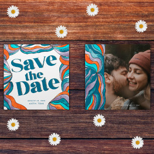 Unik djärv boho groovy retro blå vågig foto spara datumet
