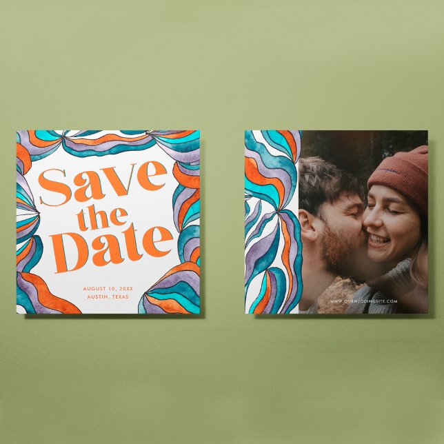 Unik Djärv Boho Groovy Retro Färgrik Vågig Foto Spara Datumet (Front and Back)
