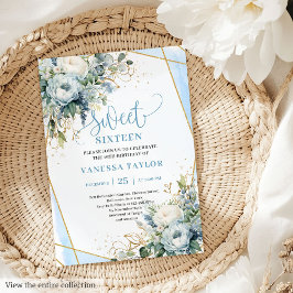 Unik Dusty Blue White Guld Flowers Sweet 16 Inbjudningar