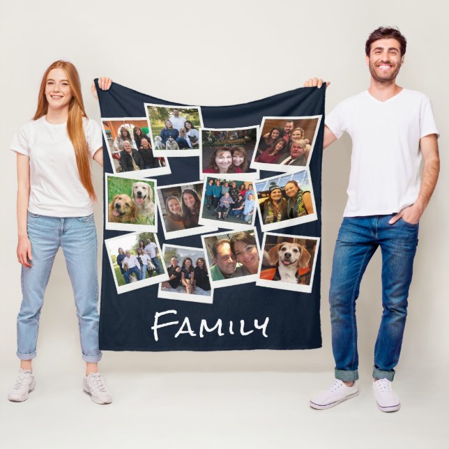 Unik egen familjefoto Ram Collage Navy Blue Fleecefilt (På plats)