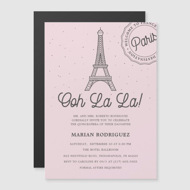Unik  Eiffel Torn Paris Quinceañera Magnetisk Inbjudningskort (Fram/baksida)