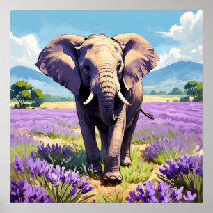 Unik elefant Walking in Lavender Fält Painting Poster