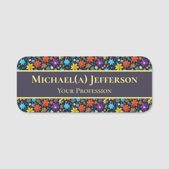 Unik Elegant, flerfärgade blommor Mönster och blå Namnbricka (Framsida)