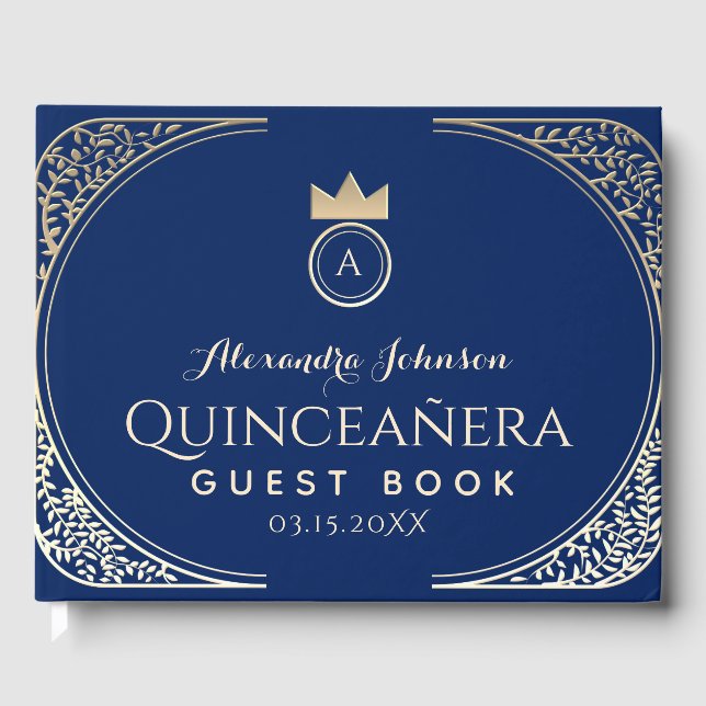Unik Elegant Qiunceanera Royal Blue Guld Blommigt Gästböcker (Framsida)