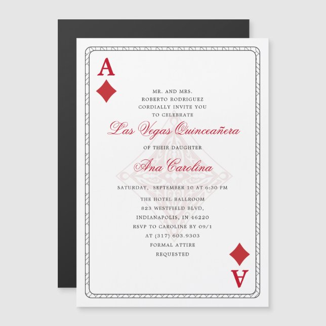 Unik Elegant Red Las Vegas Casino Quinceañera Magnetisk Inbjudningskort (Fram/baksida)