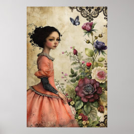 Unik Elegant Victorian Girl i en Blommigt Garden Poster