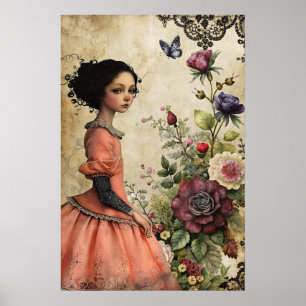 Unik Elegant Victorian Girl i en Blommigt Garden Poster