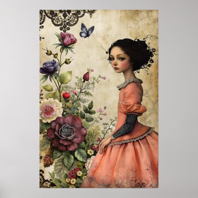 Unik Elegant Victorian Girl i en Blommigt Garden Poster (Framsidan)