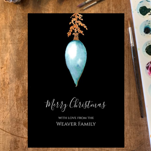 Unik, enkel blå vattenfärgsjullubel julkort (Customize this unique hand painted watercolor Christmas card with botanical modern stylish bauble)