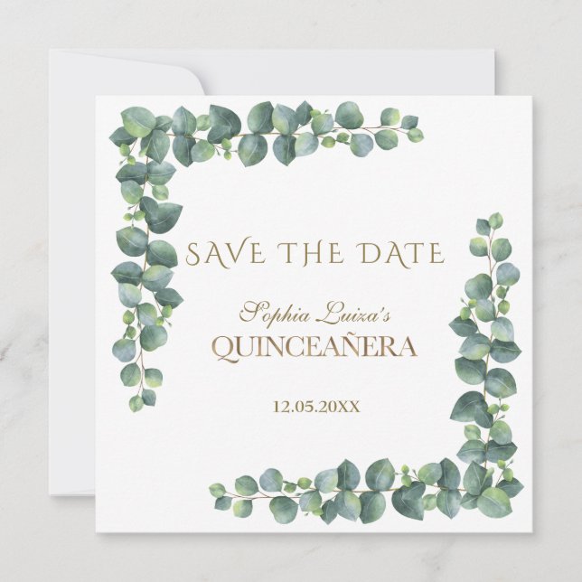 Unik Eucalyptus Foliage Guld Quinceañera Spara Datumet (Framsida)