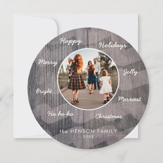 Unik familjfoto för Rustic Wood Önskemål-familjen Julkort (Framsida)
