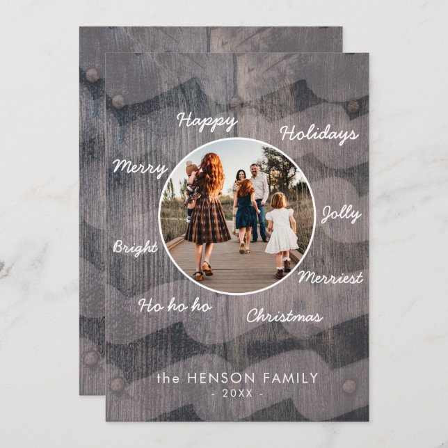 Unik familjfoto för Rustic Wood Önskemål-familjen Julkort (Fram/baksida)
