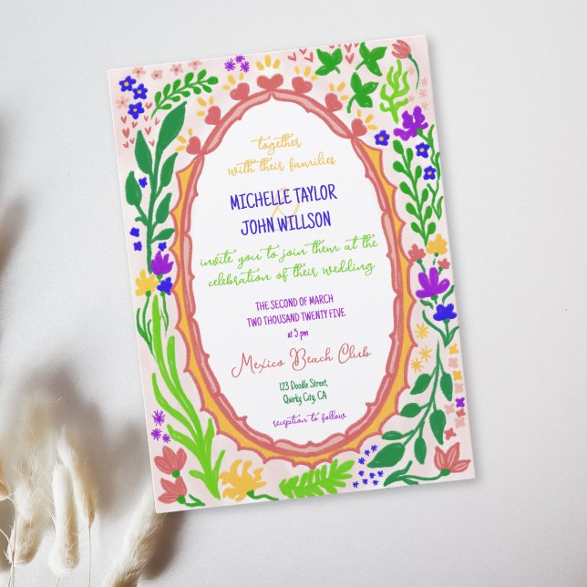 Unik fantasifull blommig tokig klotter handritad  inbjudningar (Unique Whimsical Floral Quirky Doodle Hand Drawn Invitation)