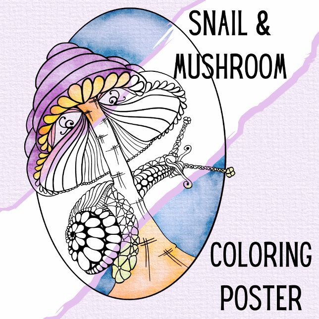 Unik färgning av Vuxen Poster - Snigel och svampru (Snail & Mushroom Coloring Poster hand Illustrated by Suzy LeeLo. A unique large coloring page for u)