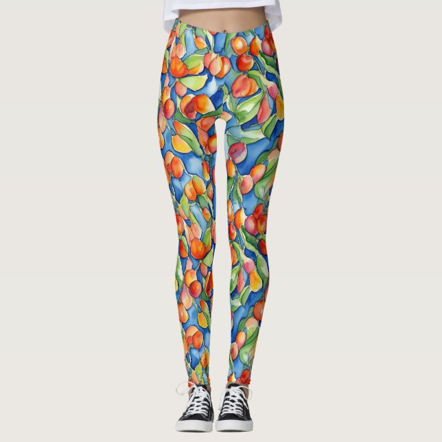 Unik Färgrik Aprikos Frukter Sommar Akvarell Leggings (Framsida)