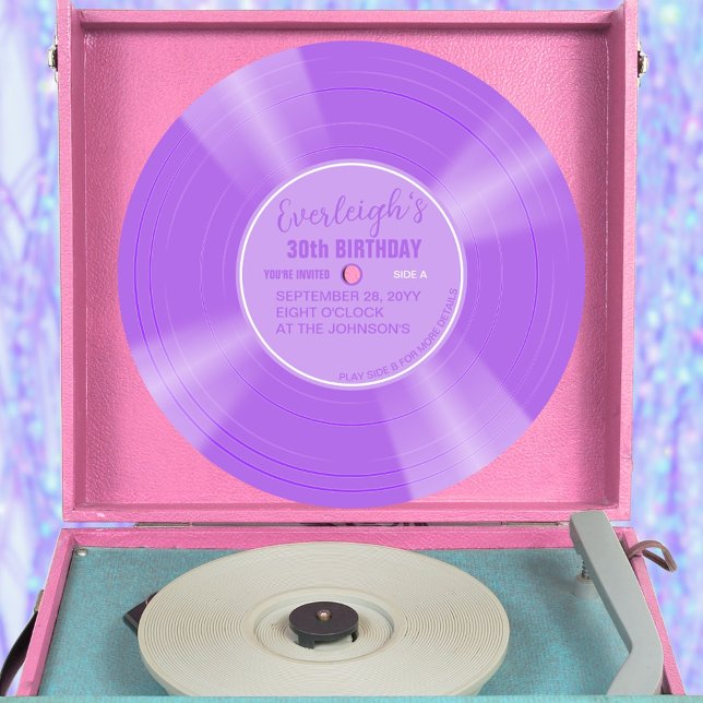 Unik födelsedag för Lilac-Lila Inbjudningar (Lilac purple color vinyl record pop birthday invitation with lilac purple label)
