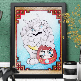 Unik foo Hund Art & Daruma Doll - stor färgning Poster
