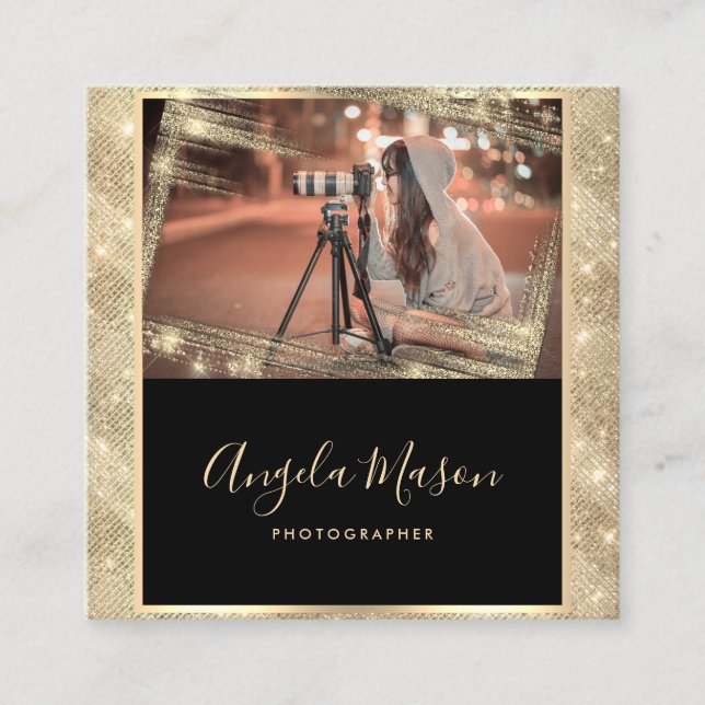 Unik fotofotot QR-kod, svart Guld Fyrkantigt Visitkort (Framsida)