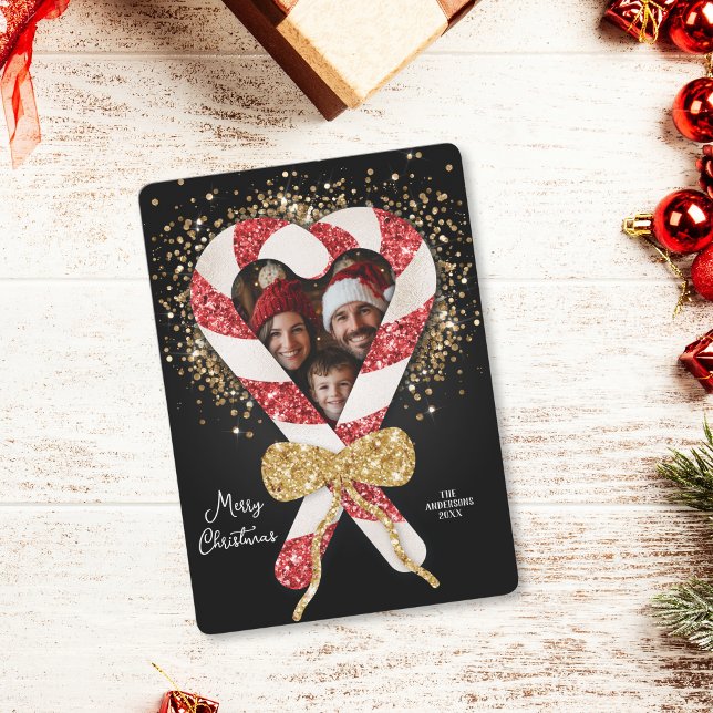 Unik fotojul för fotopat i Glitter Candy cane Ram Inbjudningar (glitter candy cane photo frame christmas card)