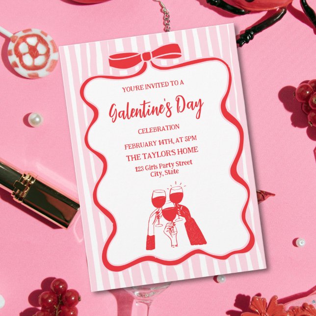 Unik Galentine's Day Cocktailfest Brunch  Inbjudningar (pink and red bow and red doodle champagne galentine's  party invitation)