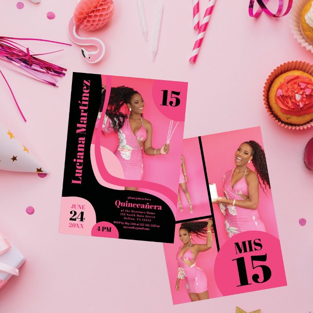 Unik geometrisk Rosa svart fyra foto quinceañera Inbjudningar (Skapare uppladdad)